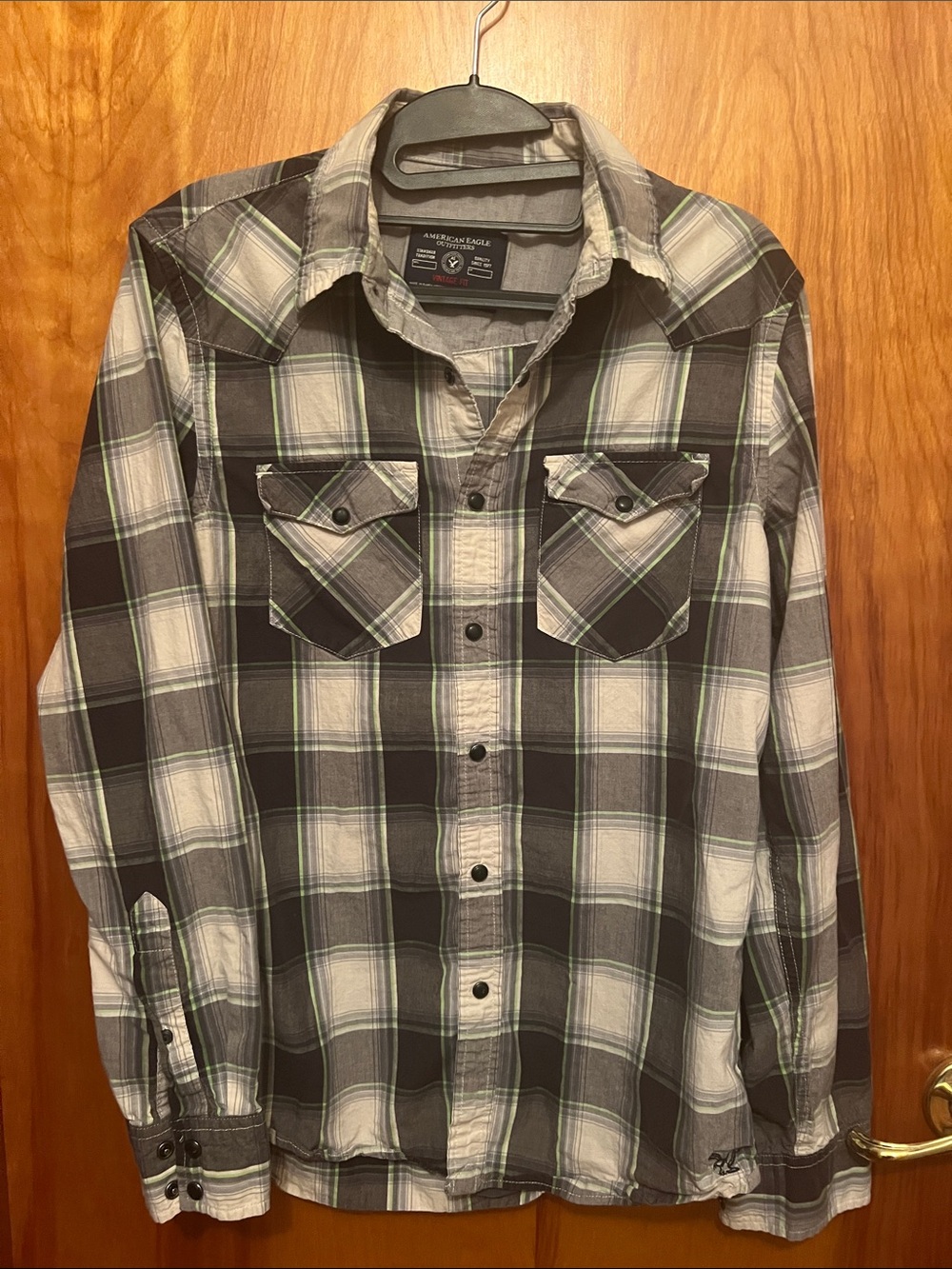 2 American Eagle Gray and Green & Red and Navy Plaid  Button-Down Shirt